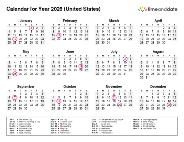 Calendar for 2026 in United States
