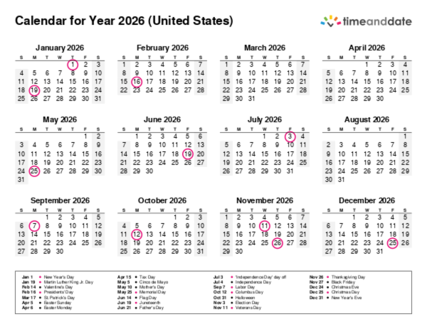 Calendar for 2026 in United States