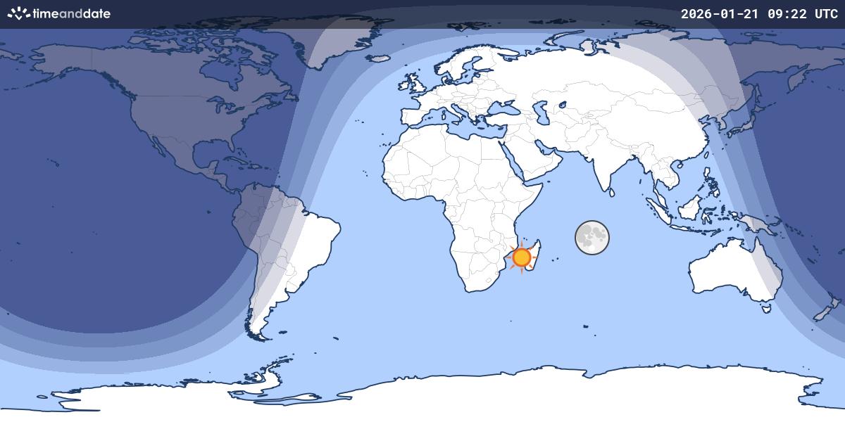 Map showing which part of the Earth the Moon is currently above the horizon at.